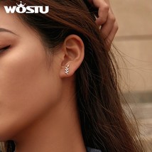 WOSTU Authentic 925 Silver Leaf Earrings Zircon Small Stud Earrings For Women Ko - $20.09