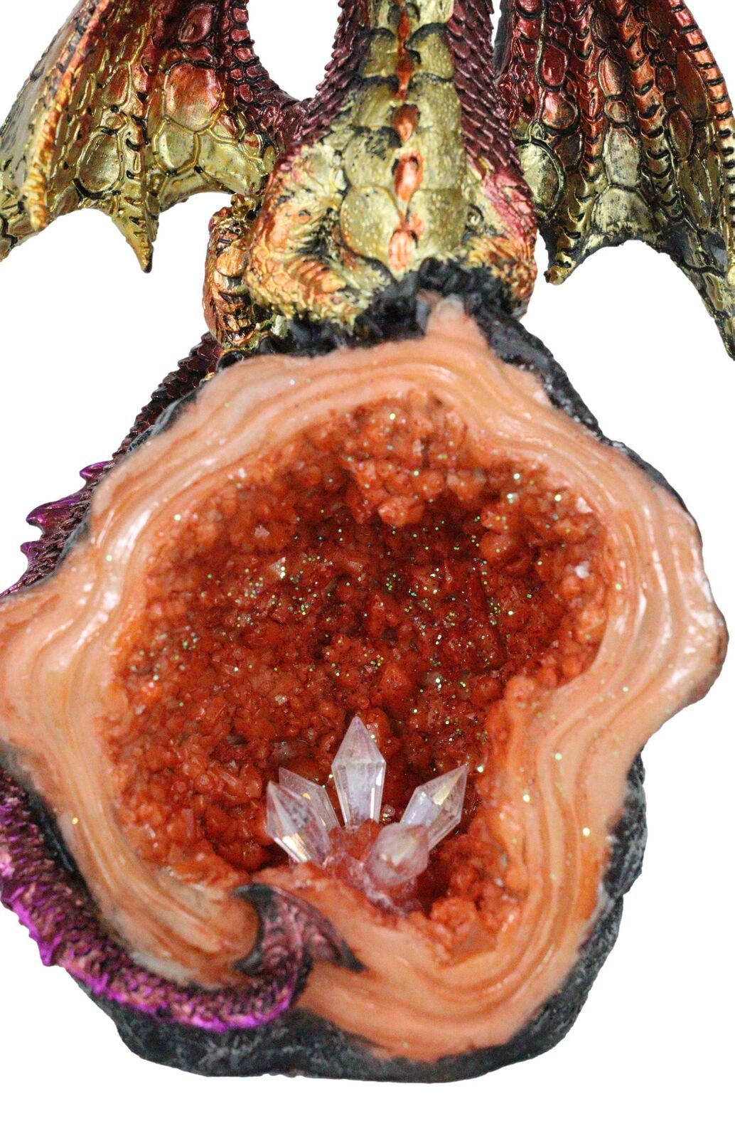 Metallic Red Iridescent Dragon On Faux Geode Rock Quartz Crystal Cove Figurine Item image 8