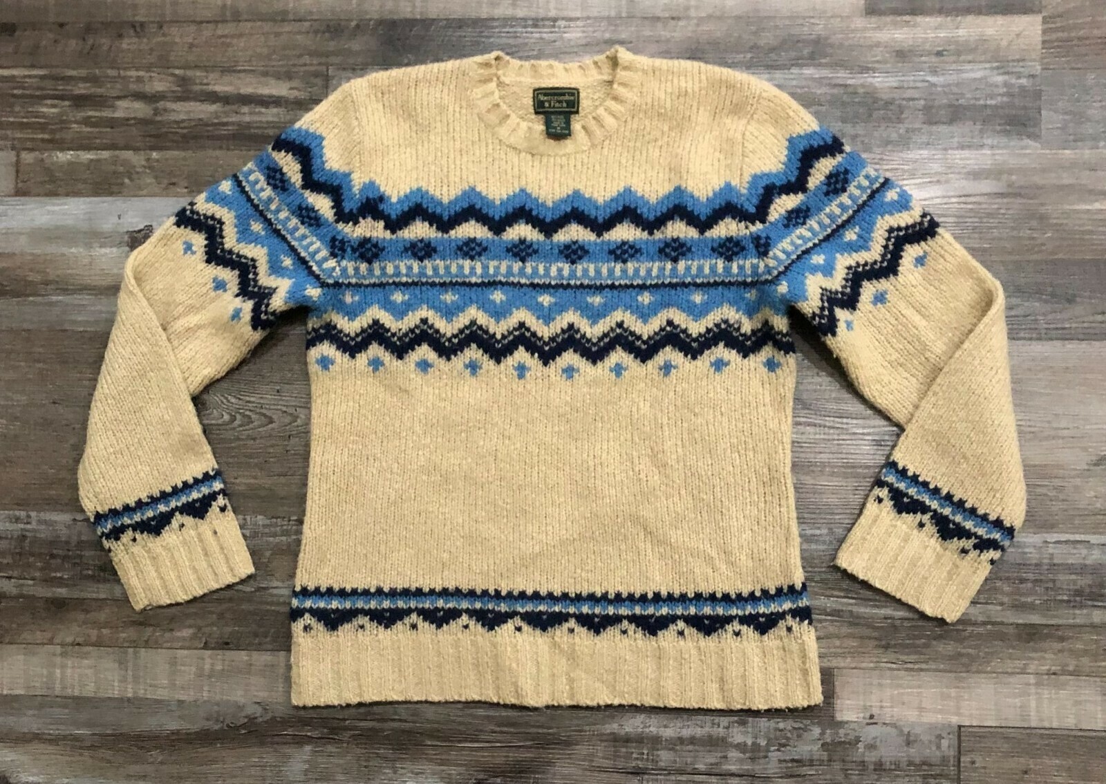 Abercrombie &amp; Fitch Womens Medium Beige &amp; Blue Crewneck Wool Sweater - $19.31