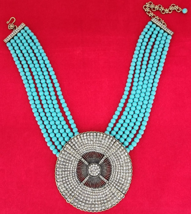 Heidi Daus Pave Crystals Belgium Disc 6 Strand Turquoise Bead Necklace w/ Box - $149.00