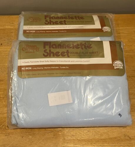 Flannelette Double Flat Fitted Bed Flannel Sheet Blue Vintage Bibb Cotton - $49.49