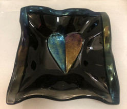 Signed “KH” Art Glass Candy Dish 5”x5” Dark Glitter Design - £33.28 GBP