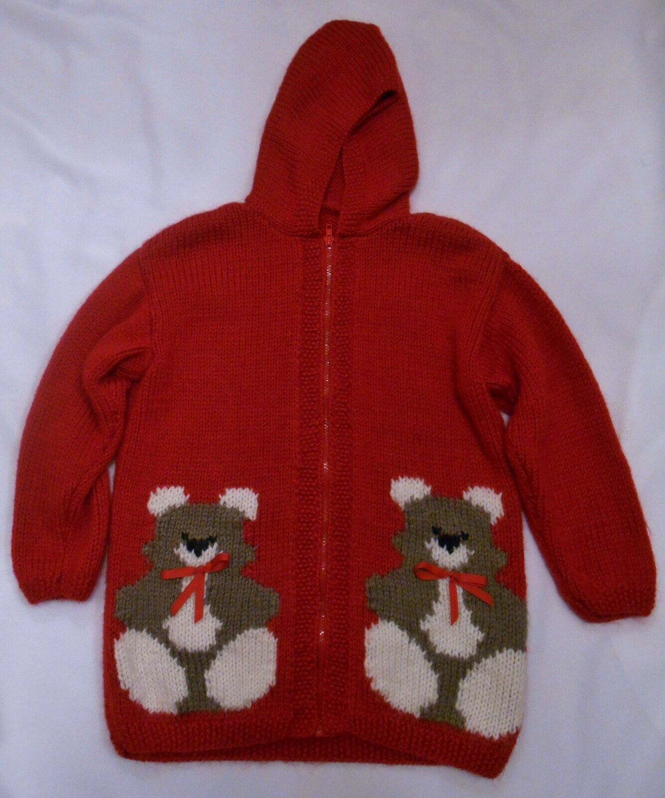 Primary image for TEDDY BEAR Women's HOODIE SWEATER Full Zip Hand Knit Red Brown Ivory S-M