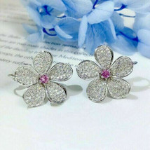 1.25Ct Round Cut Diamond Flower Stud Omega Back Earrings 14K White Gold Finish - £68.43 GBP