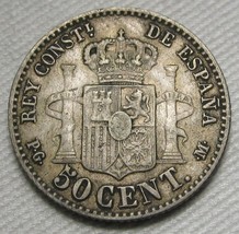 1892 (82) Spain 50 Centimos .835 Fine Silver .0671oz CH VF Coin AE582 - £67.23 GBP