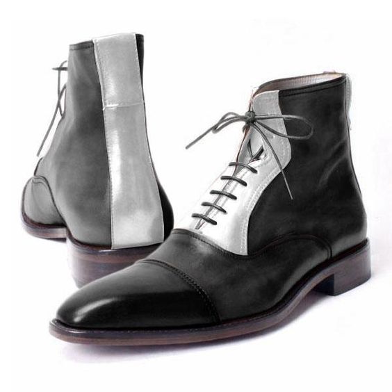 NEW Handmade Men's Black Silver Lace Up boot, Men's Leather Cap Toe Fashion Boot