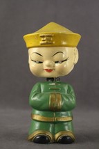 Vintage Composition Asian Man MCM Bobble Head Doll in Green &amp; Gold 6.5&quot; Tall - £19.93 GBP