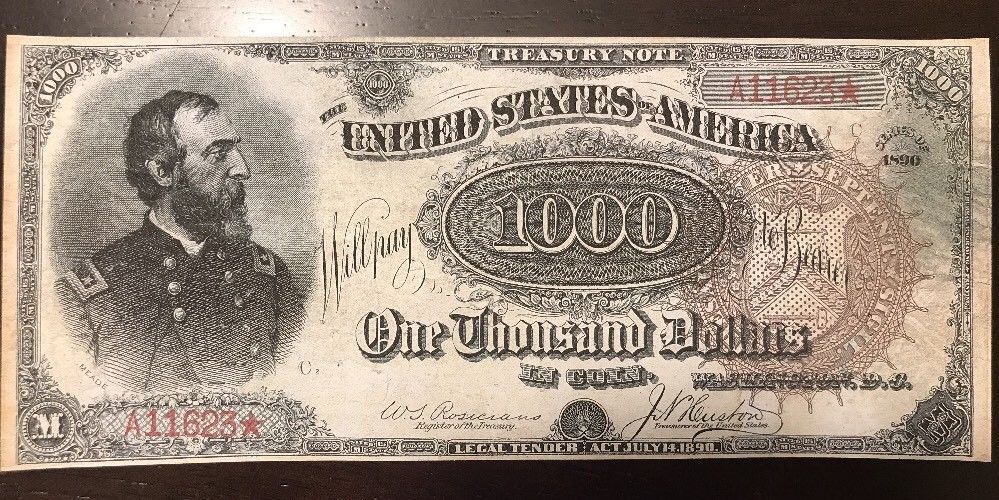 Reproduction $1,000 United States Treasury Note 1890 Civil War Meade Currency - £3.13 GBP