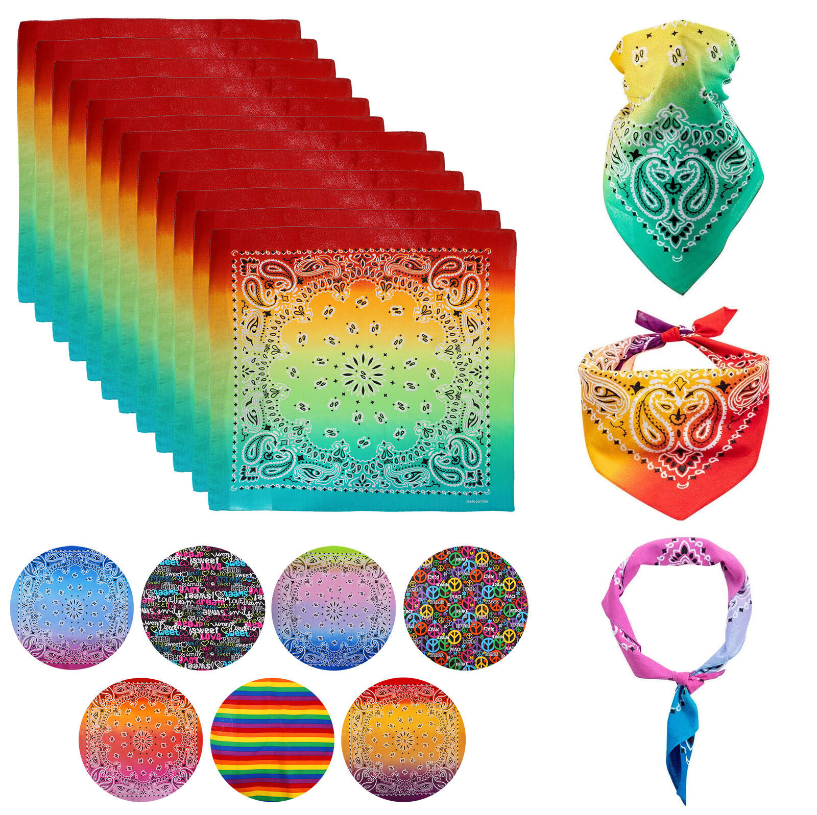 12 Pack Gradient Rainbow Cotton Head Wrap Scarf Bandana Ombre Colors 22" X 22" - $19.90
