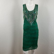 Vintage Embellished Silk Dress Green Trophy Art Deco Flapper Style Size Small - £66.76 GBP