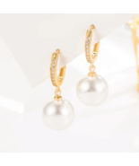 Gold Plated Pearl Dangle Dropp Hoop Earrings For Women Fashion Jewelry - £11.02 GBP