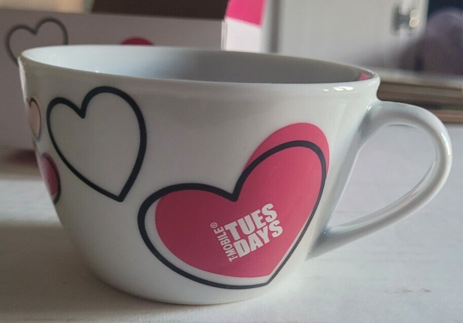 Primary image for NIB T-Mobile Tuesdays Valentine Coffee Cup Hearts White Pink Decorative Nice