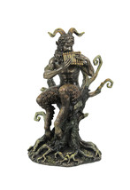 Bronzed Finish Greek Mythology Faun Pan Playing Flute In Forest Statue - £65.30 GBP
