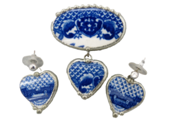 Broken China Brooch Earrings Blue Ware Silver Tone Dangle Hearts Carriga... - $69.29