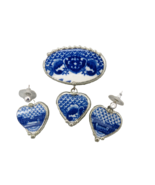 Broken China Brooch Earrings Blue Ware Silver Tone Dangle Hearts Carriga... - $87.60 CAD