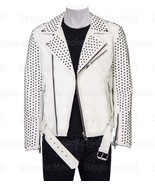 New Men's White Silver Studded Unique Cowhide Leather Jacket With Belted-150 - $389.99