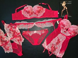 Victoria&#39;s Secret 36C Bra Set+Garter Slip+Teddy Red Pink White Lace Crystallized - £236.53 GBP