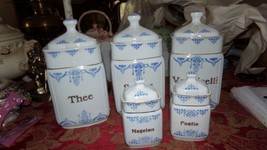 Vintage Germany? Spice Canister 5 Pc Set Blue White Art Deco Style Gold Details - £55.76 GBP