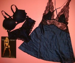 Victoria&#39;s Secret 32D Bra Set+Panty+Slip Babydoll Navy Black Strappy Scandalous - £134.52 GBP