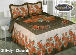 Alicia Flowers Burgundy Chocolate Bedspread Set With Rufles 3 Pcs Queen Size - £35.61 GBP
