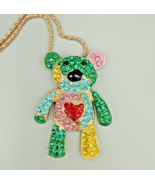 Betsey Johnson Teddy Bear Necklace Rainbow Crystals 24” Chain Signed  - €19,58 EUR