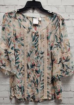 Lauren Conrad Womens Blouse Top Lace Floral 3/4 Bell Sleeves Beige Green M - £6.34 GBP