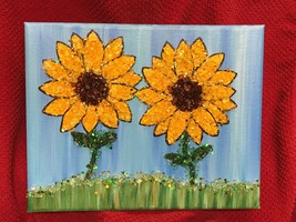 ~Sunflowers~ Glitter, Crushed/Broken Glass, Canvas Painting, Wall Art!⭐️ - £25.16 GBP