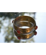 Vintage Puffy Brass Bangle bracelet with 4 Red Cabochons  - $14.92