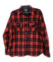 Vintage Mens 1970s Shirt Wool Nylon Red Buffalo Plaid Button Front  L Korea - $49.45