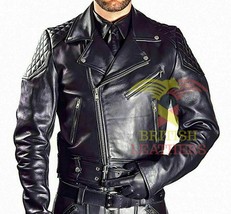 Men&#39;s Real Natural Grain Cow Leather Bikers Jacket Quilted Panels Gay Le... - $115.59+