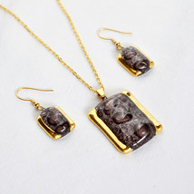 Jewelry set - handmade brown bubble glass with gold, necklace and earrings - £34.53 GBP