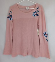 NWT St. John&#39;s Bay Peachy Pink Bell Sleeve Sweater With Floral Design Large - £15.18 GBP