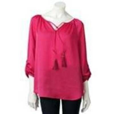 Primary image for Womens Shirt Dana Buchman Pink Tassle Button Tab Keyhole Long Sleeve Top $48- XS