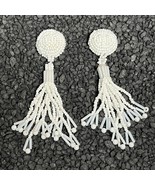 Vintage Native American Handmade White Beaded Clip-On Tassel Earrings - $461.34 MXN