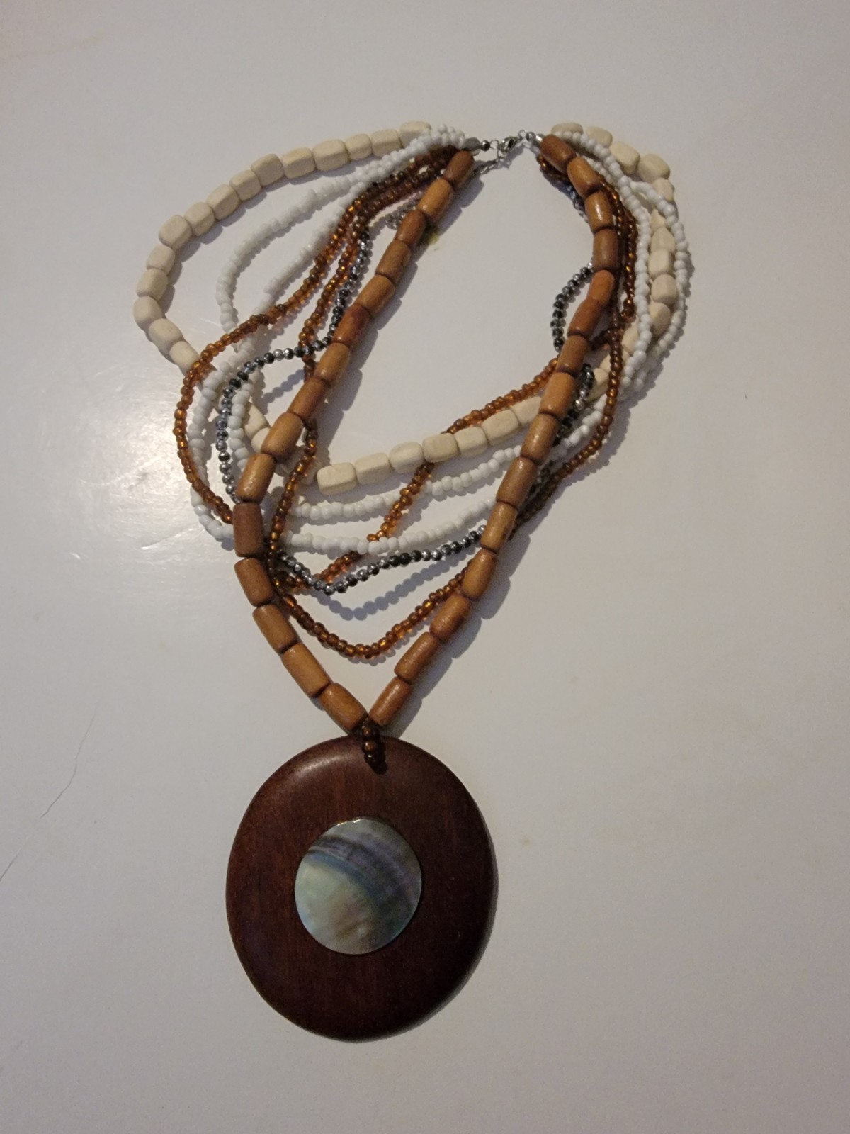 Vintage Boho Seed Bead Mother Of Pearl Wood Pendant Necklace Multi Strand - £45.09 GBP