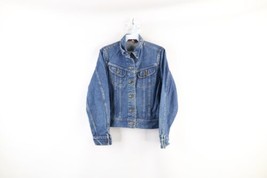 Vintage 80s Lee Womens Medium Distressed Denim Jean Trucker Jacket Blue USA - £46.68 GBP