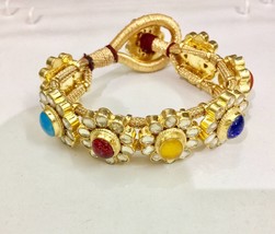 Kundan Jewelry, Flexible Bracelet, Navratan Threaded Bracelet,Statement Bracelet - $113.85