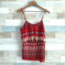 Tulle Ruffle Tiered Cami Tank Top Red Beige Mixed Boho Print Sheer Womens Small - £10.08 GBP