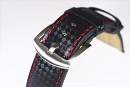 Genuine Cowhide Watchstrap Black Carbon Fibre Pattern w/Red stitching 24mm Wide - £17.27 GBP