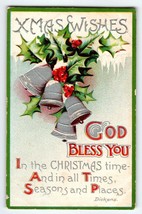 Christmas Postcard Xmas Wishes Gold Bless You Embossed Dickens Silver Bells - £8.91 GBP