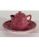 Vintage PINK MAJOLICA POTTERY CREAMER W OVAL UNDERPLATE Flower Petal 195... - $12.34