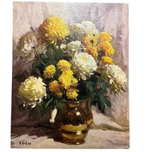 Bouquet in Brass Yellow Flowers Vase Lithograph Art Mid Century Modern 1... - $460.87 MXN