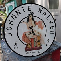 Vintage Johnnie Walker &#39;&#39;Keep Walking&#39;&#39; Scotch Whiskey Porcelain Gas &amp; Oil Sign - £98.29 GBP