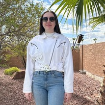 Vtg Capriccio Denim Weiß Bestickt Jacke Damen M Reißverschluss Bestickt - $44.17