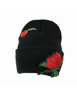 Rose 2 Embroider Black Beanie Knit Ski Headwear Cap Hat Warm Winter Cuff  - £15.93 GBP