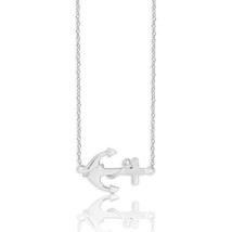 Sterling Silver Sideways Anchor CZ Necklace - £39.48 GBP