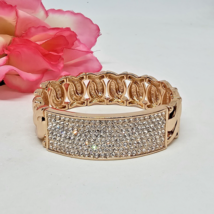 Designer Lisa Freede Rose Gold Tone Crystal Pave Stretch Cuff Bracelet - £27.50 GBP