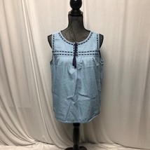 Old Navy Chambray Top Womens Large Blue Denim Embroidered Tassel Sleeveless Peas - £10.99 GBP