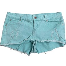 Denim Blvd Mid Rise Cut Off Jean Shorts L Blue Green 5 Pocket Button Zipper - £14.70 GBP