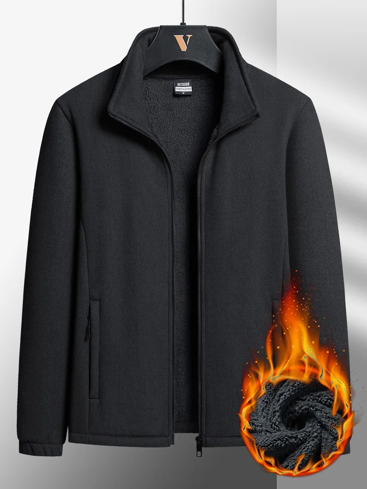 Winter Thick Fleece Men&#39;s Warm Jacket  New Stand Collar Solid Color Zip Up Casua - £292.02 GBP